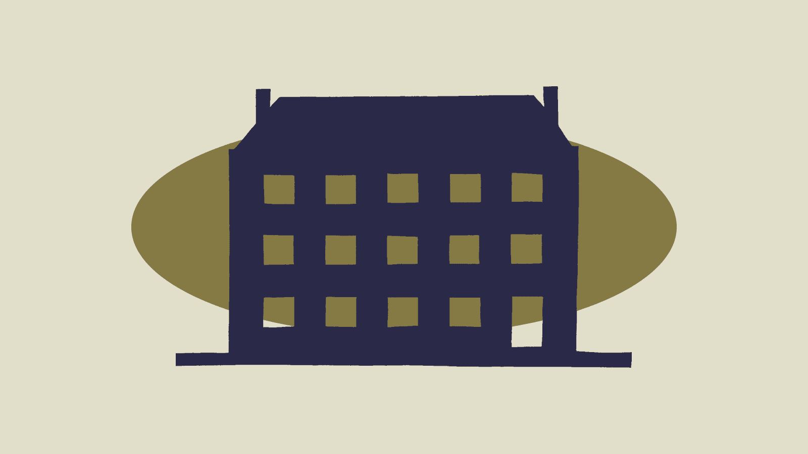 Il·lustració editorial: silueta d'un edifici de pisos en blau marí sobre una el·lipse daurada, sobre fons cru.